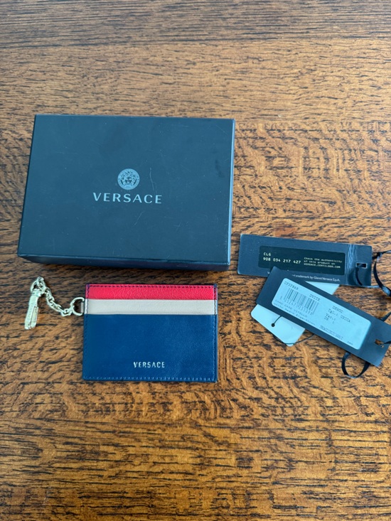 Versace Accessories - Versace Navy, Cream & Red Leather Card Holder with Key Chain